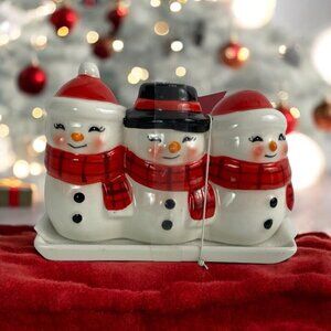 Snowman Trio Butter Dish Hand Painted Ceramic Christmas Kitchen Dining Holiday